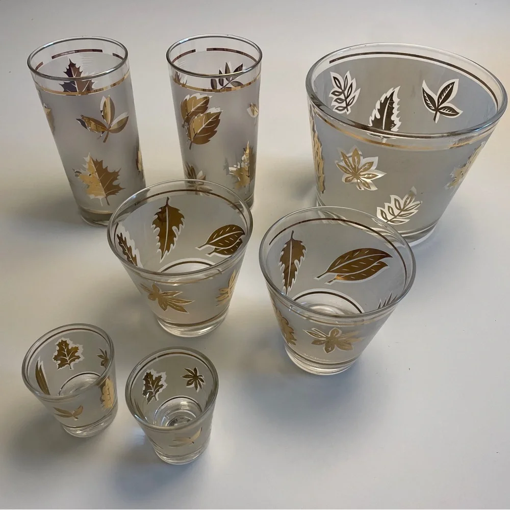 Vintage Libbey Golden Foliage Glassware Set MCM Gold Leaf Ice Bucket 7pc